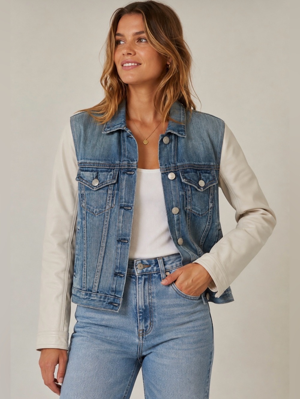 GORGEOUS Rag & Bone Denim Jacket w/ Leather Sleeves XS